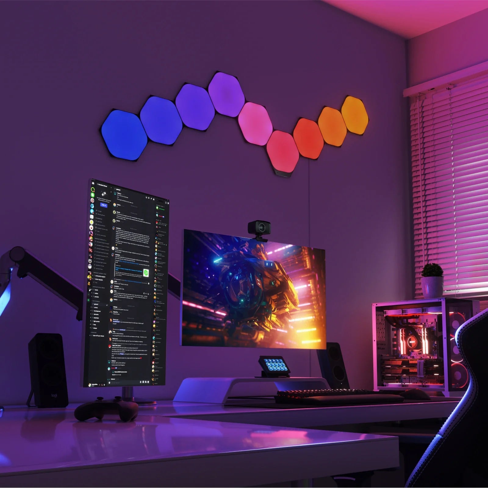 A photo of futuristic video games room with nanoleaf shapes hexagon black limited edition on the wall installed as smart lightings
