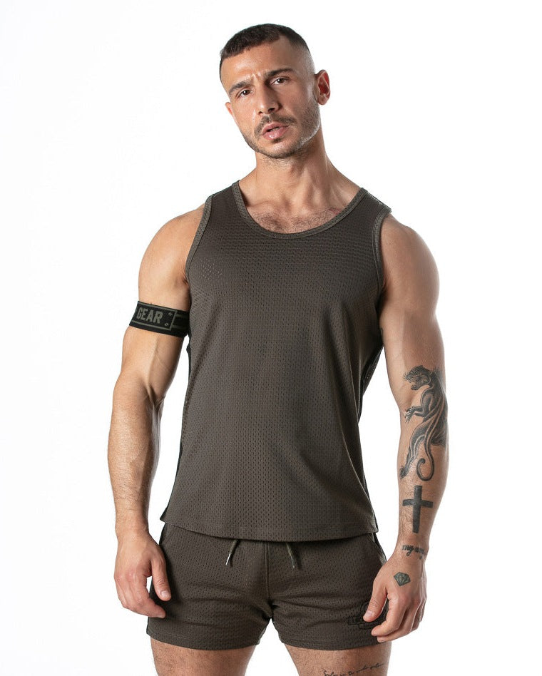 【LG】Sport Mesh Stripe Tanktop Khaki + Free Armband